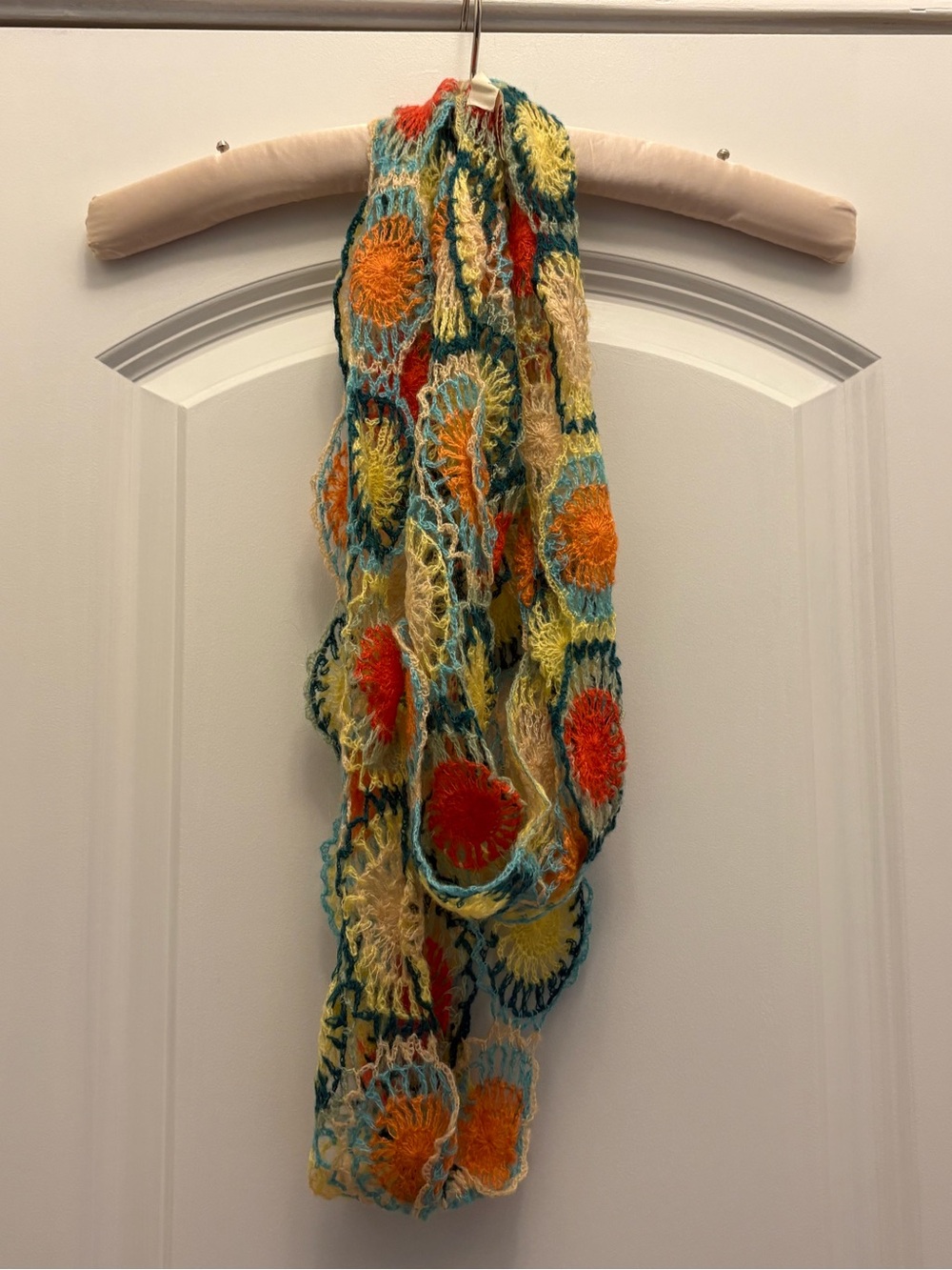 Sundance Granny Square Infinity Scarf - Orange, Yellow, Teal, Cream